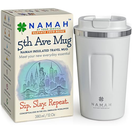 Image of Namah Insulated Coffee Mug Travel with Lid - 380ML Stainless Steel Coffee Tumbler Cup for Office & Home, Leak Resistant Matte Finish Hot & Cold Travel Coffee Mug for Men & Women Girls Gift- White