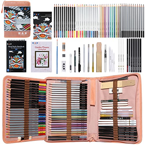 H & B 80-Pack Drawing And Art Supplies Kit - Colored Sketching Art Pencil Set With 3-Color Sketchbook And Coloring Book - Graphite, Watercolor, Metallic, And Oil-Based Colored Pencils - Pink #TOP22