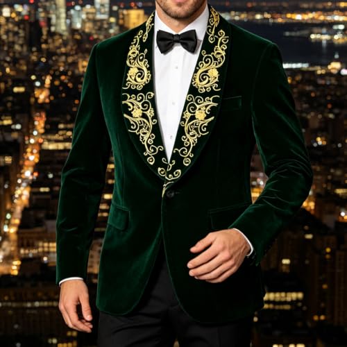 DAMANGUAN Men's Velvet Blazer, Gold Embroidered Suit Jacket, Black Tuxedo for Wedding Party Prom (US, Alpha, Small, Regular, Regular, Greenish Yellow) - image 3