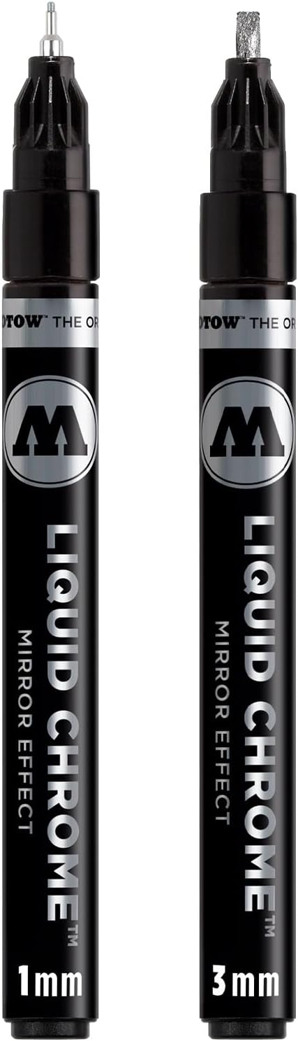 Molotow Liquid Chrome Marker Calligraphy Set (Bullet Tip 1.0 mm and Calligraphy Tip 3.0 mm, Metallic Pen with Special Ink with Real Mirror Effect) Chrome