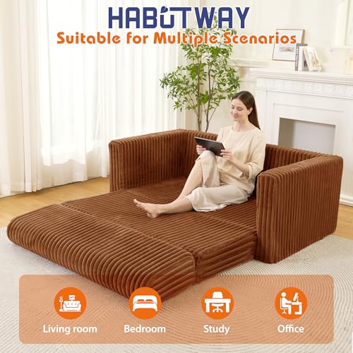 Image of HABUTWAY 49.8 inch Loveseat Boneless Couch, 4-in-1 Convertible Sofa Bed, Plush Fur Folding Futon Sofa Bed Couches Without Pillow for Living Room, High-Density Foam Support, No Assembly Required, Orange
