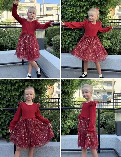 Image of Arshiner Toddler Girls Tulle Dresses with Bow Tie Fall Winter Long Sleeve Formal Party Dress 1-7 Y