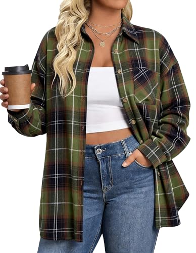 IN'VOLAND Womens Plus Flannel Plaid Shirts Long Sleeve Casual Blouse Top