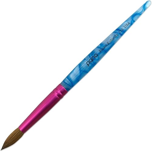 PANA Pure Kolinsky Hair Acrylic Nail Brush - Round Shape Pink Ferrule with White Swirl Blue Handle (Size 12) - Nail Brush for Acrylic Nail Application, Nail Extension, Manicure Pedicure Salon Beginner and Professional