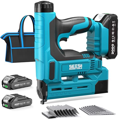 SEESII Cordless Brad Nailer, 18 Gauge 2 in 1 Electric Stapler/Nail Gun, 2.0Ah Battery, 1000pcs Nails and Staples, Adjustable Depth for Upholstery, Woodworking