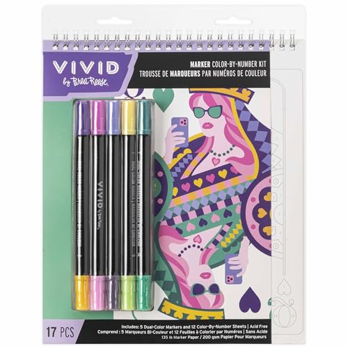 Vivid by Brea Reese: Marker Color-By-Number Kit - Queen of Hearts -5 Dual-Sided Markers 12 Design Coloring Pages Retro Vibrant Themed Spiral Art Pad