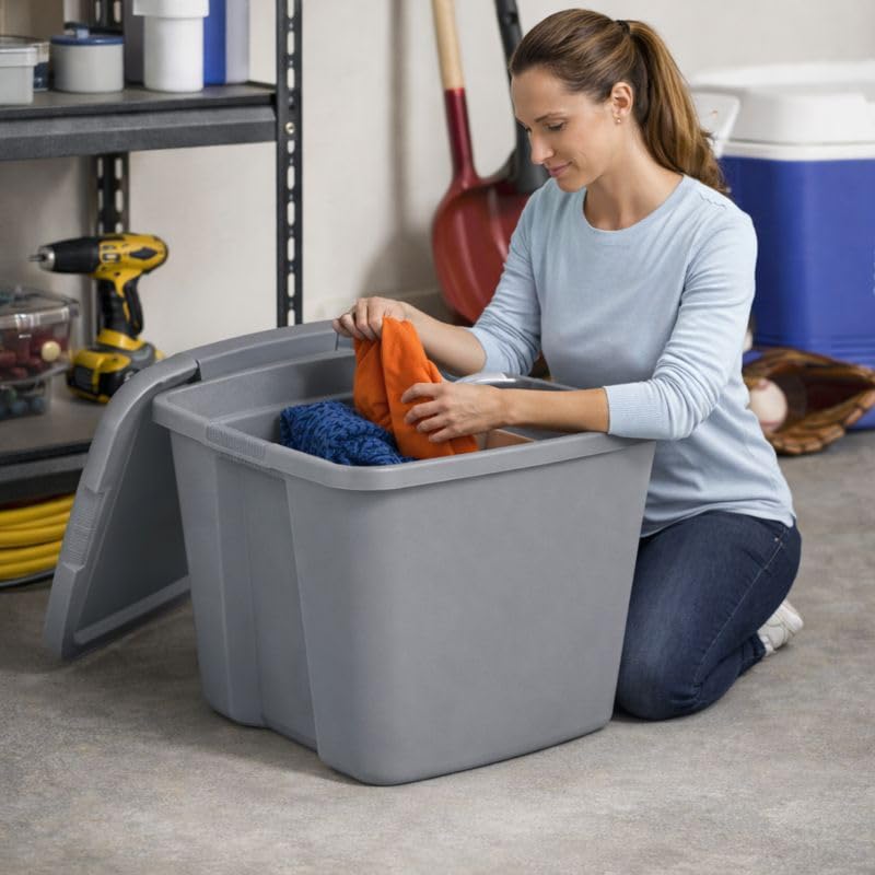 Image of 18 Gallon Plastic Storage Tote with Secure Snap-On Lid, Stackable Storage Bin for Linens, Seasonal Decor, Keepsakes & Home Organization (Gray)
