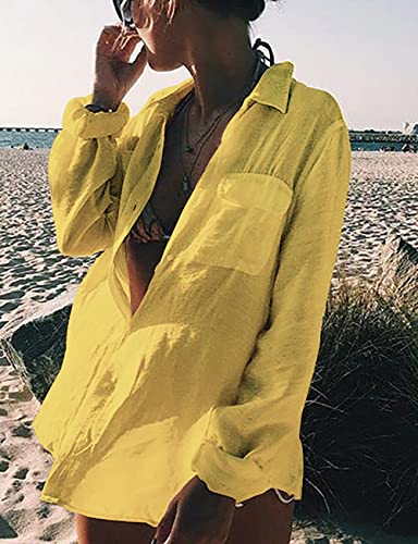 Image of Bsubseach Women Long Sleeve Beach Shirt Blouses Bathing Suit Cover Up Button Down Collar