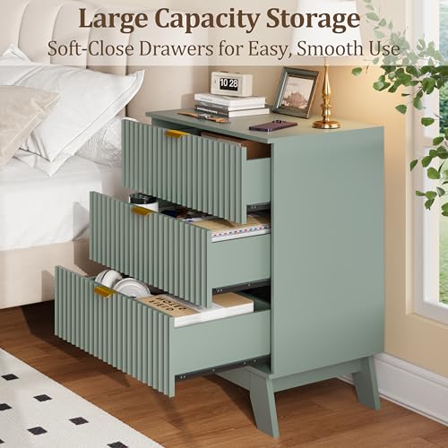 Image of Fluted Nightstand Sets of 2 with 3 Large Drawers, Wooden Side End Table with Elevated Legs for Easy Cleaning, Sturdy Modern Beside Table for Small Space, Bedroom, Green, 24 inch L