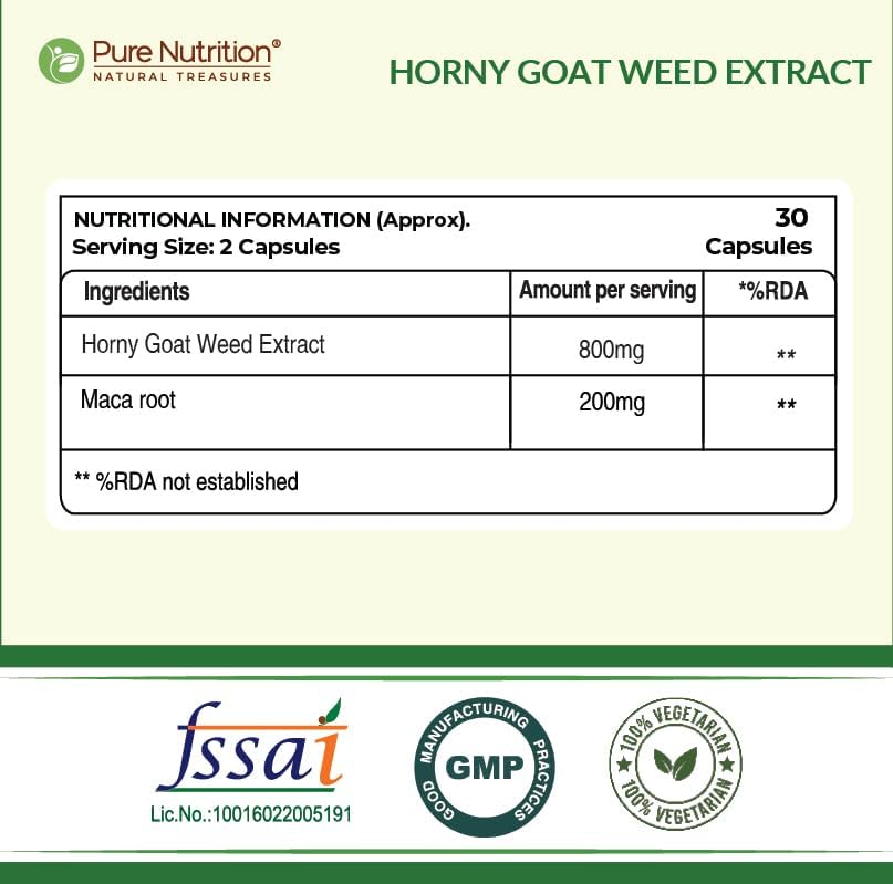 Image of Pure Nutrition Horny Goat Weed with Maca Root Extract 1000mg - 120 Veg Capsules (60 X 2) | Supports Energy, Stamina, Bone & Hormonal Health