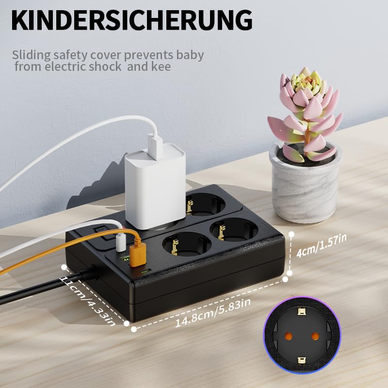 Steckdosenleiste 8-in-1 mit 4 AC-Steckdosen, 2 USB und 2 Type-C, 2500W, 10A, für Zuhause, Büro und Reisen (Weiß)