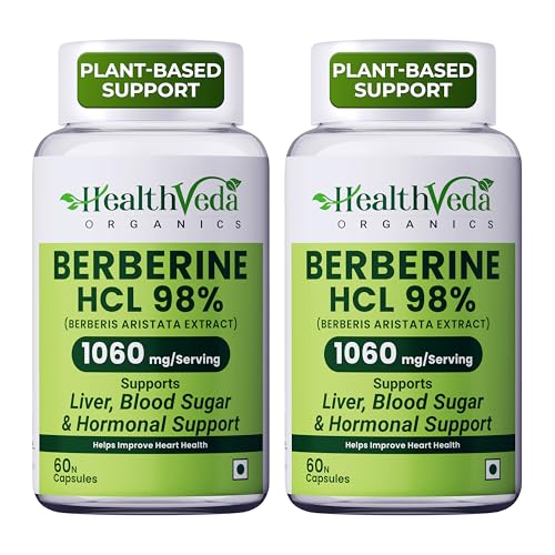 Image of Health Veda Organics Berberine Supplements | Berberine HCL 98% 500mg (1060mg per Serving) | Blood Sugar Support, Metabolism Booster | With Gymnema (Gudmar), Cinnamon, R-ALA, Milk Thistle & Chromium | Pack of 2 (60 Veg Capsules Each)
