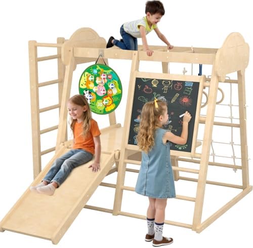 9-in-1 Indoor Jungle Gym, Montessori Indoor Playground for Toddlers,Wooden Climber Set with Swing, Slide, Monkey Bars, Climbing Neting, Upright Ladder, Climbing Ladder, Rings, Black Board, Dart Board