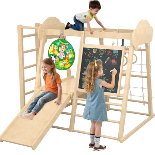 9-in-1 Indoor Jungle Gym, Montessori Indoor Playground for Toddlers,Wooden Climber Set with Swing, Slide, Monkey Bars, Climbing Neting, Upright...
