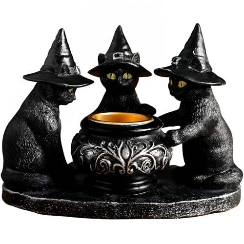 Halloween Black Cat Candle Holder, Cute Halloween Table Decor & Mantel Decoration (Black)