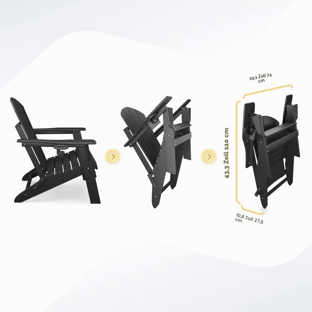 Faltbarer Adirondack-Stuhl für den Garten,Terrasse oder Balkon - Armlehnen & Becherhalter - Witterungsbeständig - Langlebige Möbel für Strand, Pool, Veranda (Schwarz)