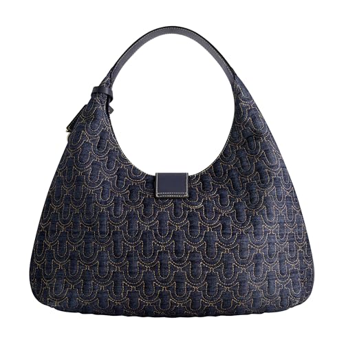 True Religion Quilted Denim Hobo Hand Bag, Large Horseshoe Stitch Shoulder Purse with Gold Hardware, Dark Denim3