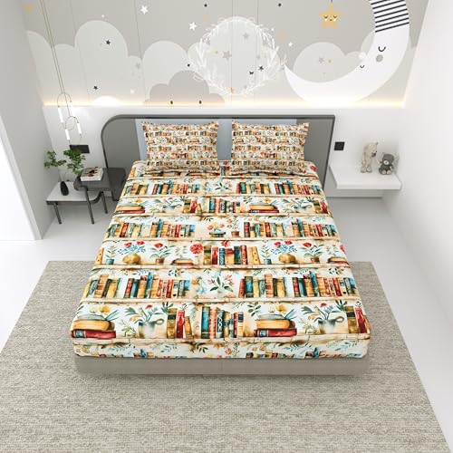Image of Dream Weaverz 7D Bedsheet for Double Bed King Size with 2 Pillow Covers | Digital Printed & Fitted Elastic for Kids | Soft Glaze Cotton Feel | Fits Upto 12 Inch Mattress (Bookshelf & Floral)