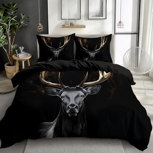 Black Duvet Cover King Size Animal Deer Reversible 3 Pieces Duvet Cover Set, Bedding Set for All Season, Soft and Breathable Bedding with Zipper Closure