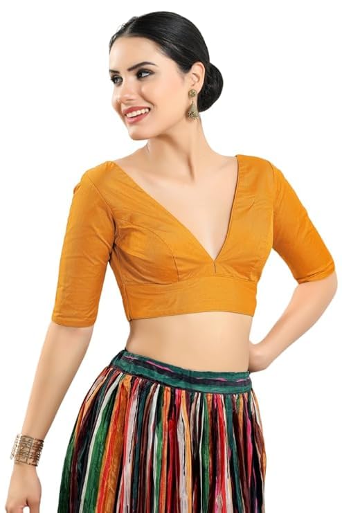 Image of Dupion Silk Solid Non Padded Saree Blouse Top V-Neck Short Sleeves Hook and Eye Closure and Tie-Up Back Choli