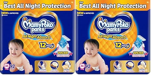 Image of Mamypoko pants All night absorb| Pant Style Baby Diapers Medium Size(M), 92 Count, Ideal for 7-12Kgs|1 Diaper: Upto All night Absorption|Wider Crisscross Sheet|Gentle Coco Care| 12hr Leakage Protection| Prevents Heaviness (Pack of 4)