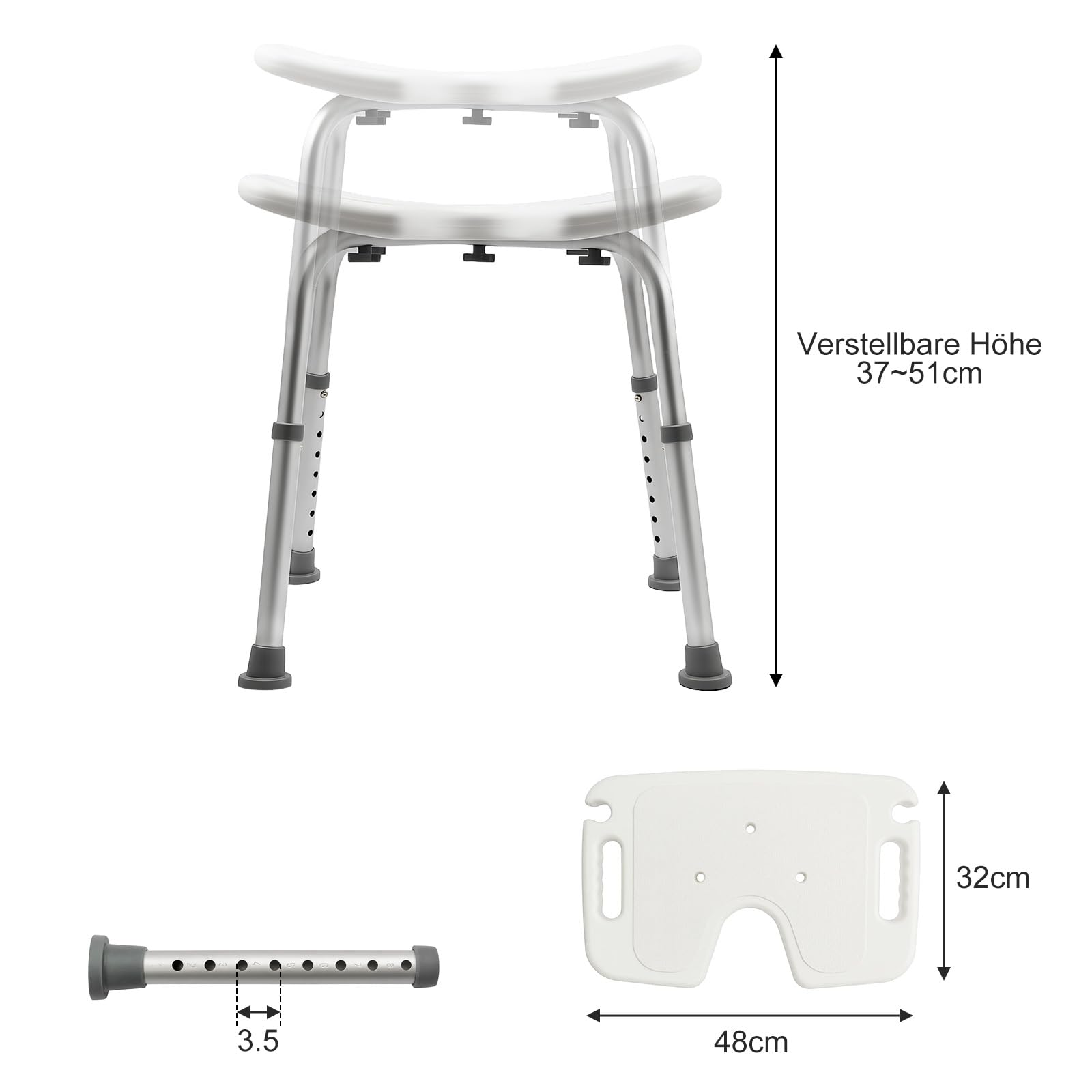 Duschhocker Höhenverstellbar Duschstuhl mit Hygieneausschnitt Griffen Badhocker 37–51 cm Rutschfester Duschsitz Leicht & Sicher für Senioren, Schwangere & Menschen mit Handicap
