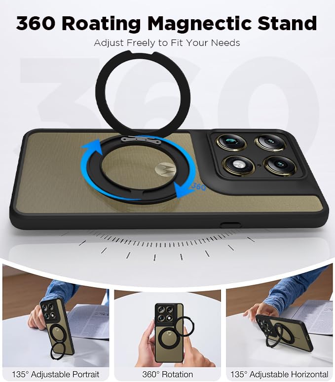 Image of RIGGEAR Shockproof Sleek Hybrid Armor 360 Rotating Magnetic Ring Stand Back Cover Case Compatible with MagSafe Accessories for Motorola Moto Signature 5G (Clear PC + Black TPU Bumper)