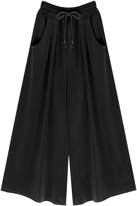 Sobrisah Women's Elastic Waist Casual Wide Leg Culottes Pants Drawstring Palazzo Pants Black Three Quarter Tag M-4