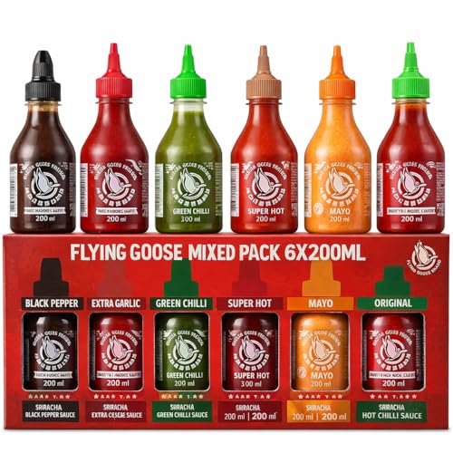 Flying Goose Mixed Pack Sriracha Sauce Set 6 x 200ml Black Pepper Extra Garlic Green Chilli Super Hot Mayo Original