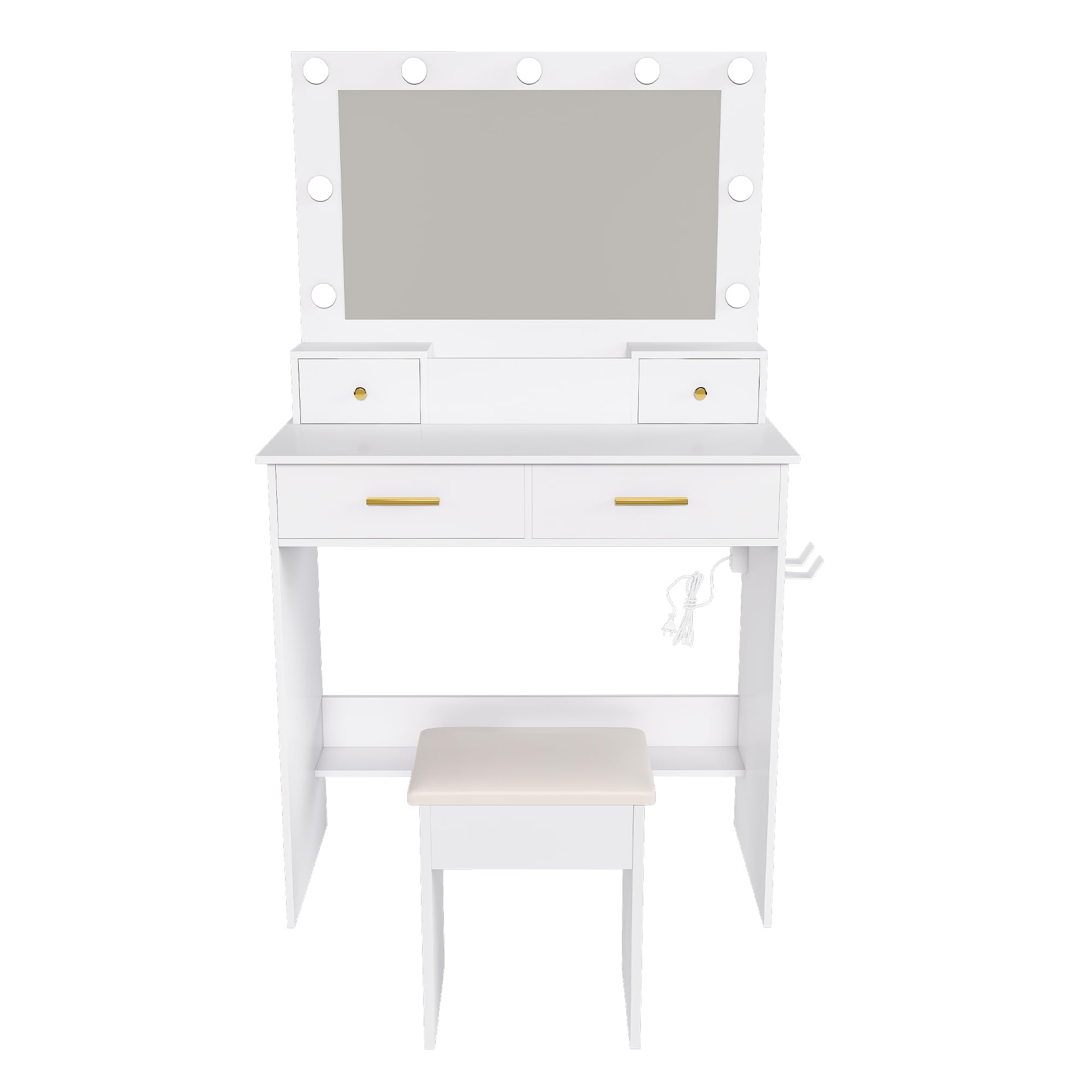 Schminktisch mit Beleuchtung, Hocker und Steckdose, 4 Schubladen, 80 cm