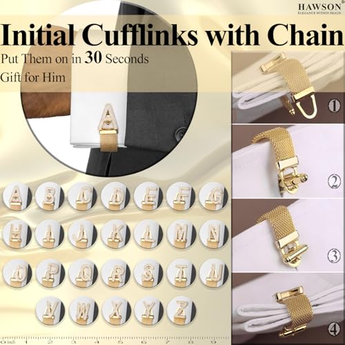 HAWSON Mens Cufflinks with Chain, Personalized A-Z Initial Cuff Links for Groom Husband Father Shirt - 18K Gold2