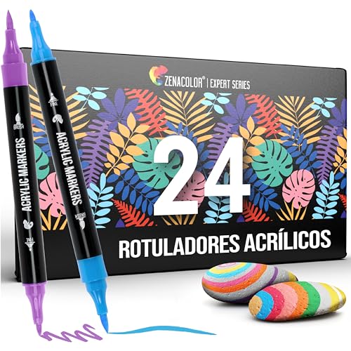Zenacolor Rotuladores Acrilicos con Doble Punta (Punta Fina y Pincel) - 24 Colores únicos de Rotuladores Permanentes para Distintas Superficies y Obras de Arte - Rotuladores Acrilicos Permanentes