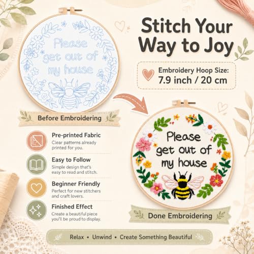 Image of Nuberlic Please Get Out of My House Embroidery Kit, Stitch Craft Set | Pre-Printed Fabric, Hoop, Threads, Needles,Guide Included. A Funny DIY Needlework Kit for Beginners, Gifts and Home Decor.
