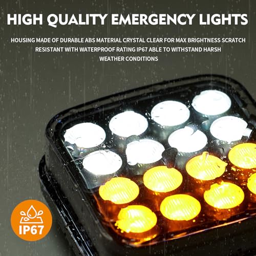 Magnetic Strobe Lights - Wireless Strobe Hazard Light Kit for Trucks Rechargeable Magnetic Flashing Beacon Lights for Vehicles & Trailers (White/Amber)