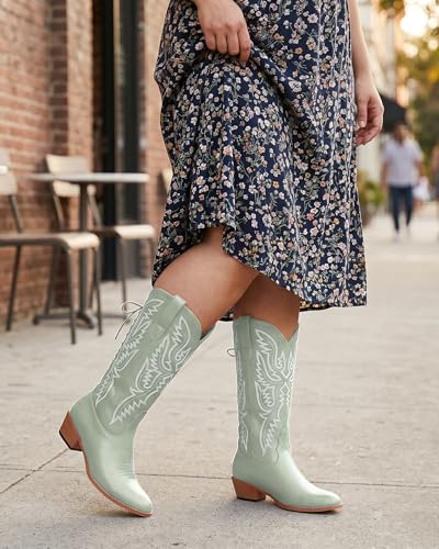 Image of Uillnoodu Wide Calf Cowboy Boots Women Adjustable Lace Up Knee High Tall Plus Size Cowgirl Boots Western Style Comfortable 2-Inch Heel