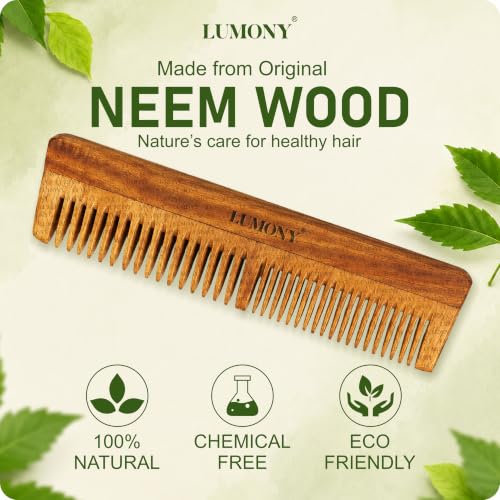 Image of LUMONY Neem Wooden Comb | Soaked In 17 Ayurvedic Herbs Neem & Sesame Oil For Multi-Actions - | Anti-Hair Fall, Dandruff | Frizz Control & Shine Suited For All Hair Types Men & Women (Dual Tooth)