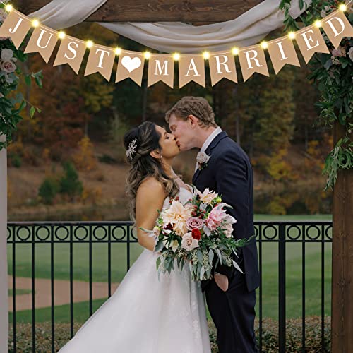 yumcute Bannière de Mariage Bannière de kraft Just Married Bannière avec LED Lumineuse Fée 3 Mode, Guirlande de Signe Suspendu pour Douche Nuptiale, Accessoires de Photomaton Fanion