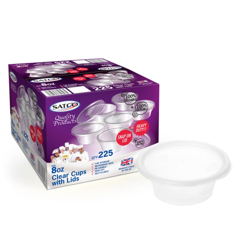 FR Enterprises Satco 8oz Reusable Plastic Sauce Cups with Lids | Small Portion Pots for Dips, Sauces & Dressings | Leakproof Clear Food Containers for Takeaway, Meal Prep & Catering (Pack of 100)