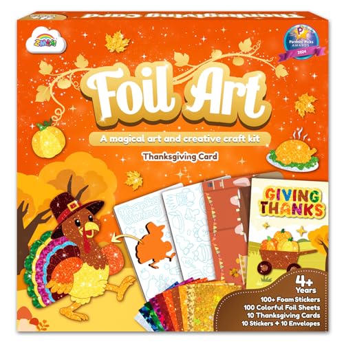 ZMLM Foil Art Kit for Kids - Thanksgiving Crafts Games for Kids, Fun Thanksgiving Cards Foil Art Crafts, Mess Fre Activity Kits, with Envelopes and Stickers, 4 5 6 7 8 9 10 11 12 Girls Boys Toys Gifts