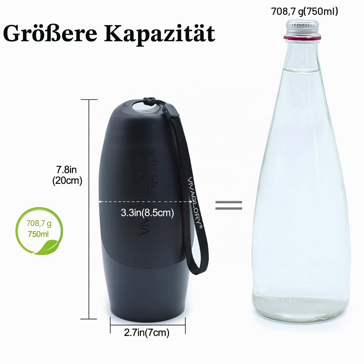 VIVAGLORY Pawhike Hundetrinkflasche, Hunde Trinkflasche für Unterwegs, Hundetrinkflasche, Edelstahl & Tragbare, 750ml, Schwarz