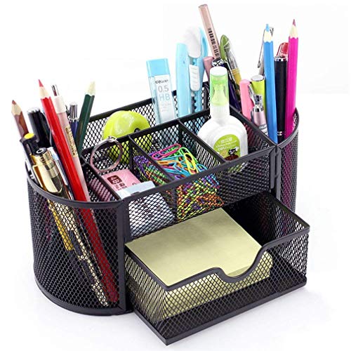 Preisvergleich Produktbild Schreibtisch-Utensilien-Organizer, multifunktional, Netzstoff, oval, Bleistifthalter, Schreibtisch, Büro, Organizer, 9 Fächer mit Schublade für Notizblöcke, Schwarz a