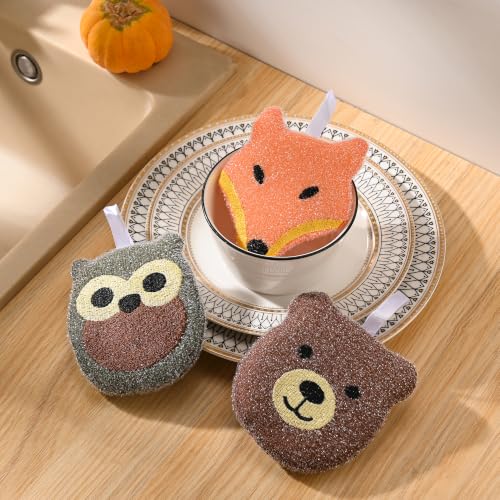 Image of Fox Run Woodland Animal Sponge Set, Non-Abrasive Fox, Owl & Bear Scrubbers | Easily Clean Plates, Pots & Glasses | Dish Sponges For Nonstick Pans | Cute Kitchen Decor | Reusable Animal Scrub Sponge Set