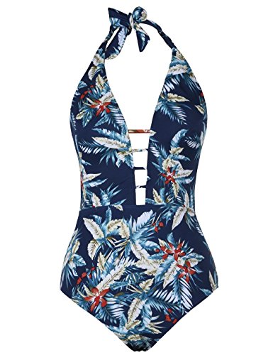 Hilor Women's Lace Up One Piece Swimsuit Halter Bikini High Waisted Swimwear 16 Green Leaves