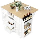 SHUGUANG Küchenwagen auf Rollen, Kücheninsel Küchenschrank mit Arbeitsplatte mit Klappbarer Tischplatte, Servierwagen mit Gewürzregal und Handtuchhalter, küchentheke mit Schiebetüren und Schubladen