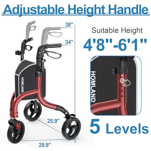 Image of 3 Wheel Walkers for Seniors, Foldable Wheeled Rollator with Cane Hold and Cup Hold, Lightweight Three Wheel Rolling Walker Height Adjustable for Seniors,Burgundy