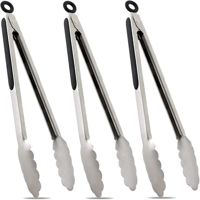 Tenta Kitchen Stainless Kitchen Locking Tongs with Black Rubber Heads, Silver- Professional Chefs Tool for Cooking, Baking (12 inch)