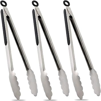 TENTA TENTA KITCHEN 12" Stainless Steel Kitchen Tongs, Locking Metal Food Tongs Non-Slip Grip Set of 3