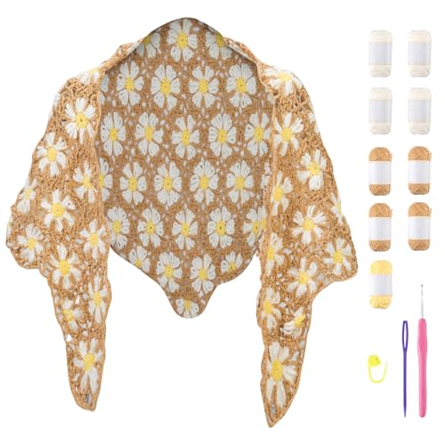 Noocro Crochet Kit for Intermediate or Advanced Levels, Complete Craft Kit for a Floral Daisy Shawl with Step by Step Video Tutorials Detailed Instructions, Perfect Holiday Gift or DIY Project (Khaki)