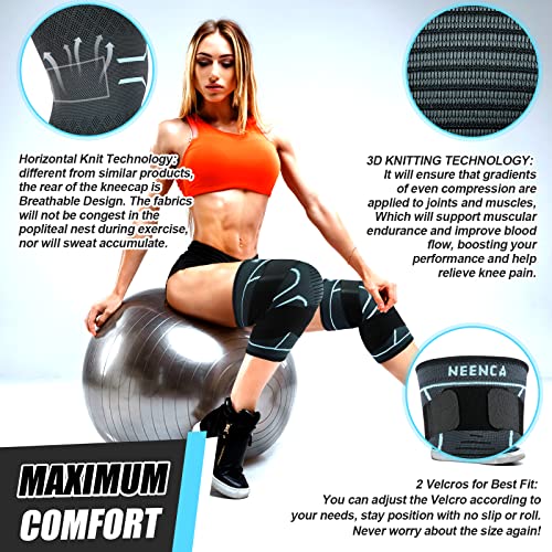 Image of NEENCA 2 Pack Knee Braces with Strap for Best Fit, Professional Knee Compression Sleeves Support for Knee Pain, Running, Work Out, Gym, Arthritis, ACL, Joint Pain Relief, Injury Recovery, Sports- Pair