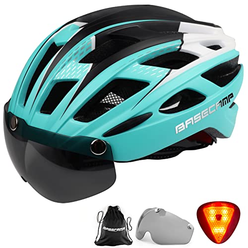 Bike Helmet, Basecamp Bicycle Helmet with Rear Light & Detachable Magnetic Goggles & Portable Backpack Lightweight Cycling Helmet Adjustable for Adult Men Women Mountain & Road (BC-069)